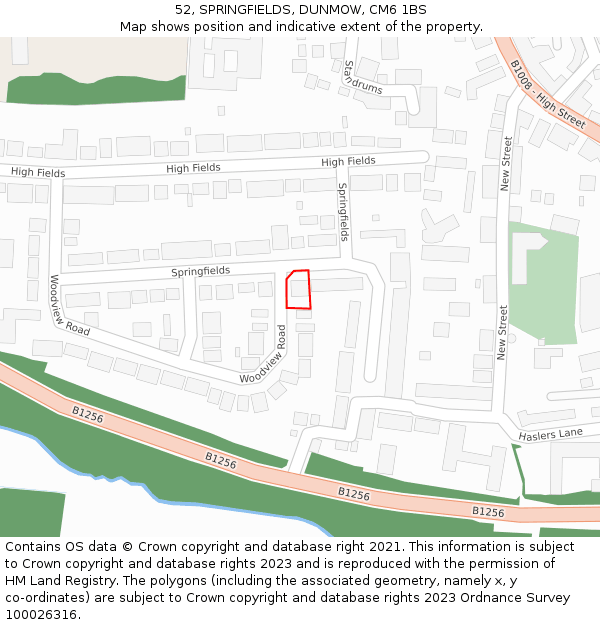 52, SPRINGFIELDS, DUNMOW, CM6 1BS: Location map and indicative extent of plot