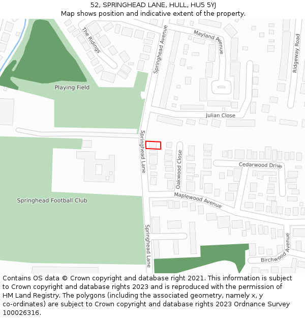 52, SPRINGHEAD LANE, HULL, HU5 5YJ: Location map and indicative extent of plot