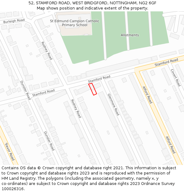 52, STAMFORD ROAD, WEST BRIDGFORD, NOTTINGHAM, NG2 6GF: Location map and indicative extent of plot