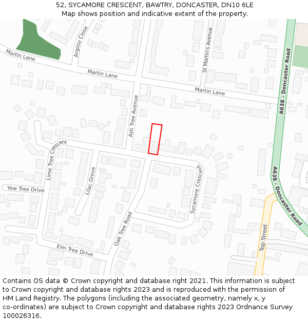 52, SYCAMORE CRESCENT, BAWTRY, DONCASTER, DN10 6LE: Location map and indicative extent of plot