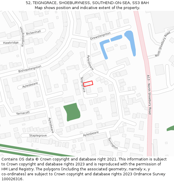 52, TEIGNGRACE, SHOEBURYNESS, SOUTHEND-ON-SEA, SS3 8AH: Location map and indicative extent of plot