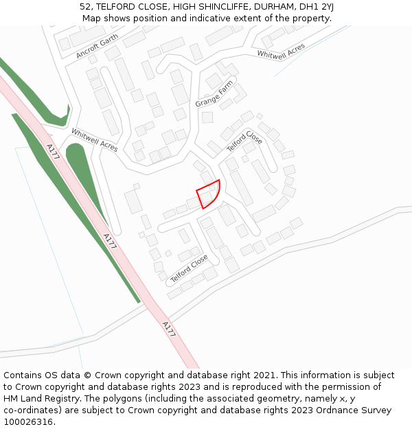 52, TELFORD CLOSE, HIGH SHINCLIFFE, DURHAM, DH1 2YJ: Location map and indicative extent of plot