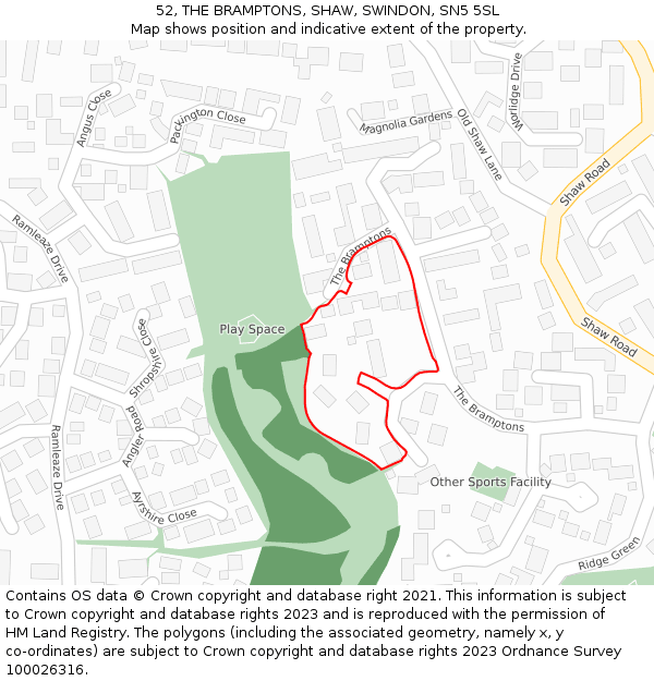 52, THE BRAMPTONS, SHAW, SWINDON, SN5 5SL: Location map and indicative extent of plot