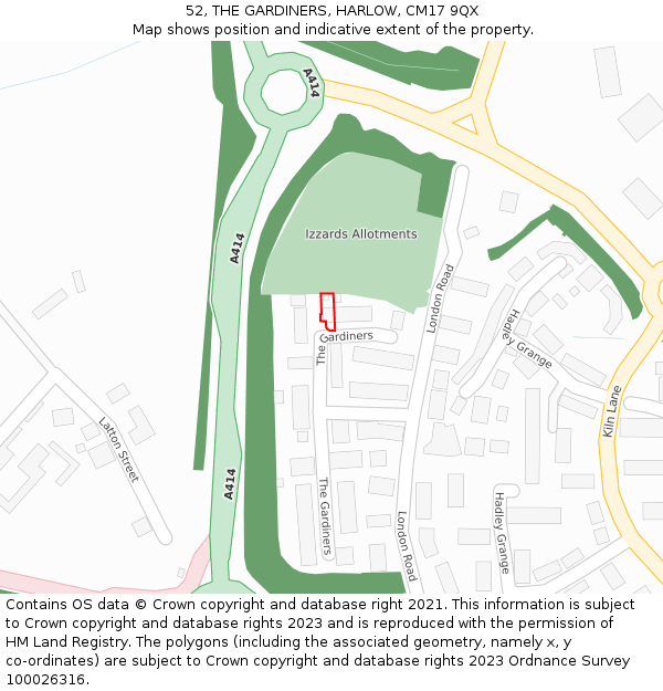 52, THE GARDINERS, HARLOW, CM17 9QX: Location map and indicative extent of plot