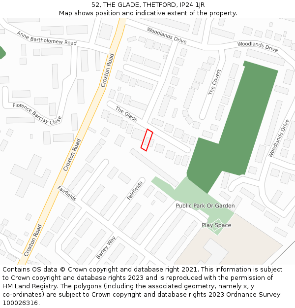 52, THE GLADE, THETFORD, IP24 1JR: Location map and indicative extent of plot