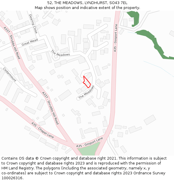 52, THE MEADOWS, LYNDHURST, SO43 7EL: Location map and indicative extent of plot