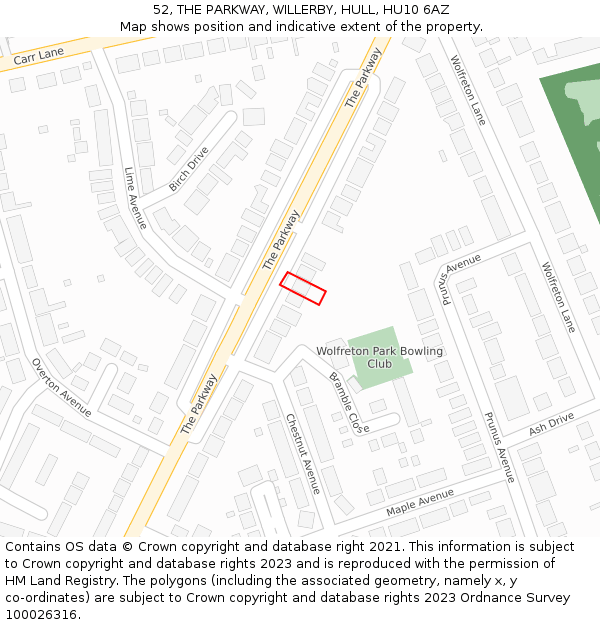 52, THE PARKWAY, WILLERBY, HULL, HU10 6AZ: Location map and indicative extent of plot