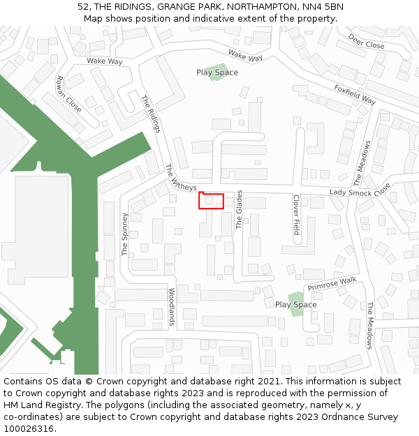 52, THE RIDINGS, GRANGE PARK, NORTHAMPTON, NN4 5BN: Location map and indicative extent of plot