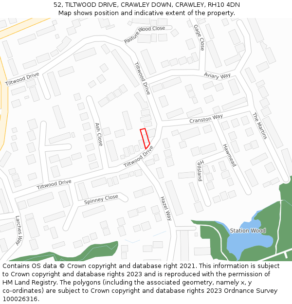 52, TILTWOOD DRIVE, CRAWLEY DOWN, CRAWLEY, RH10 4DN: Location map and indicative extent of plot