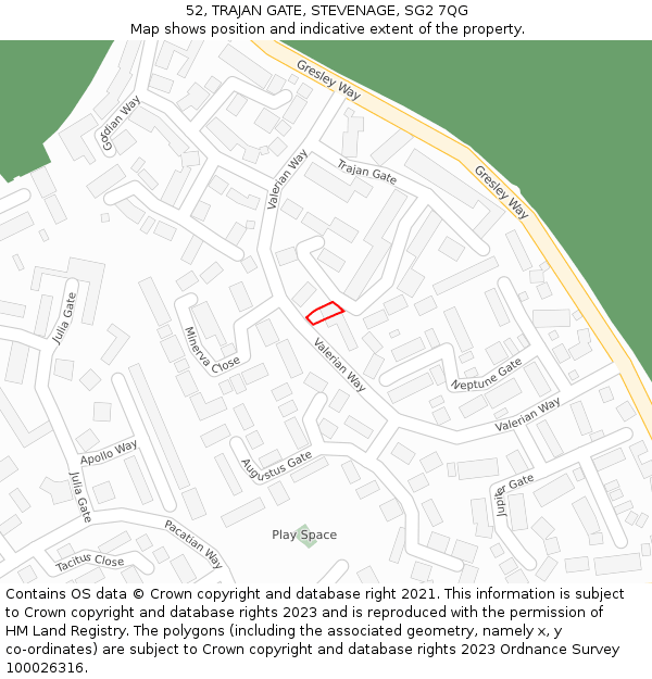 52, TRAJAN GATE, STEVENAGE, SG2 7QG: Location map and indicative extent of plot