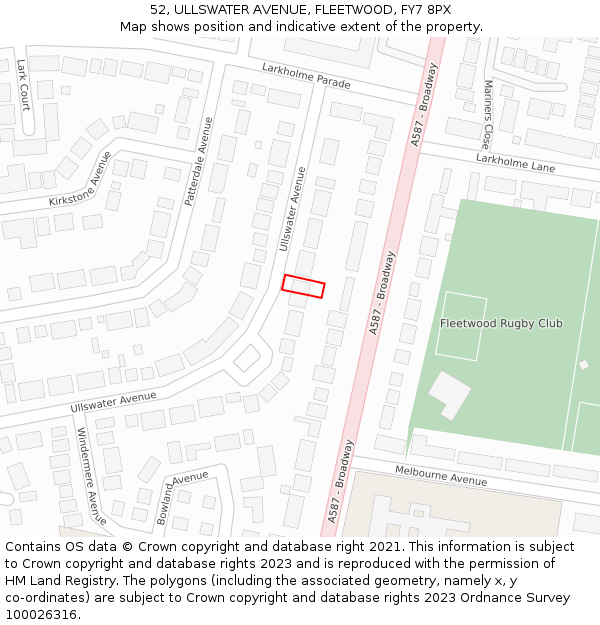 52, ULLSWATER AVENUE, FLEETWOOD, FY7 8PX: Location map and indicative extent of plot