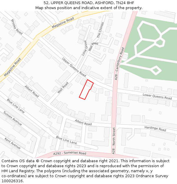 52, UPPER QUEENS ROAD, ASHFORD, TN24 8HF: Location map and indicative extent of plot