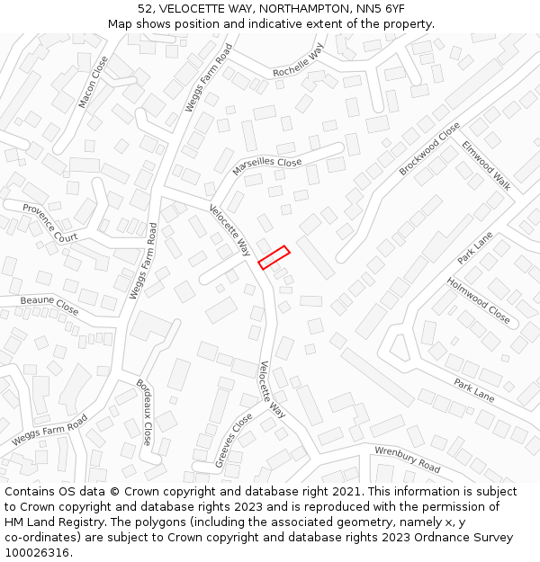 52, VELOCETTE WAY, NORTHAMPTON, NN5 6YF: Location map and indicative extent of plot