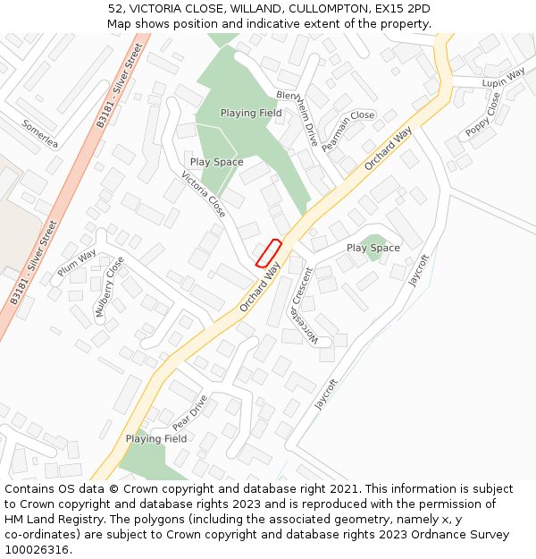 52, VICTORIA CLOSE, WILLAND, CULLOMPTON, EX15 2PD: Location map and indicative extent of plot