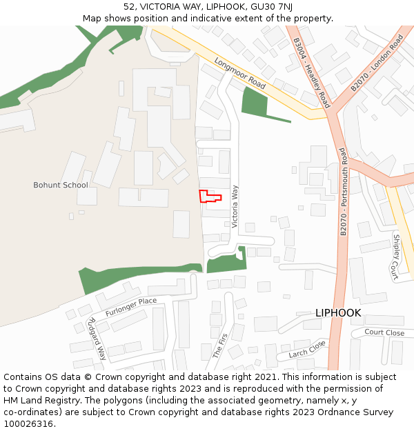 52, VICTORIA WAY, LIPHOOK, GU30 7NJ: Location map and indicative extent of plot
