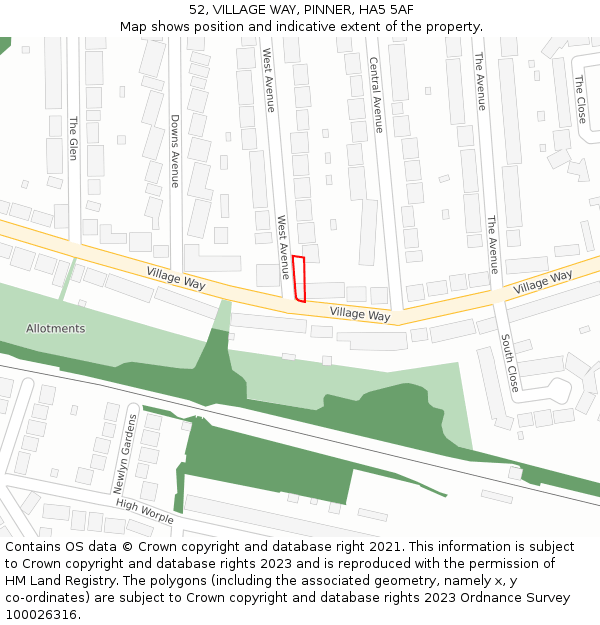 52, VILLAGE WAY, PINNER, HA5 5AF: Location map and indicative extent of plot