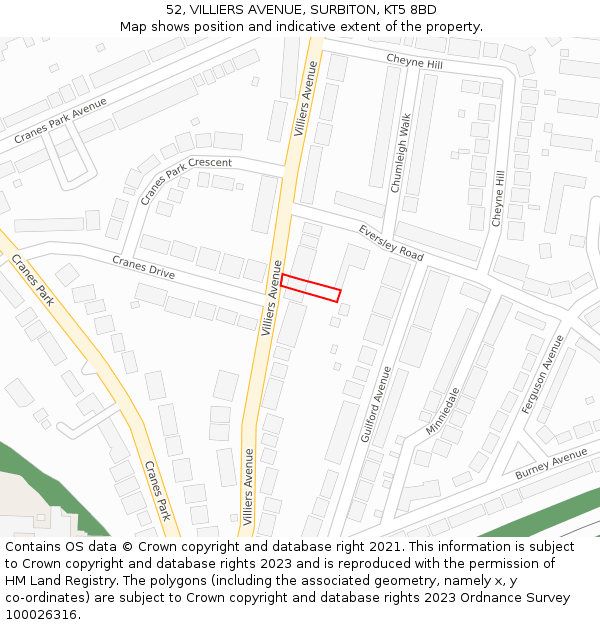 52, VILLIERS AVENUE, SURBITON, KT5 8BD: Location map and indicative extent of plot