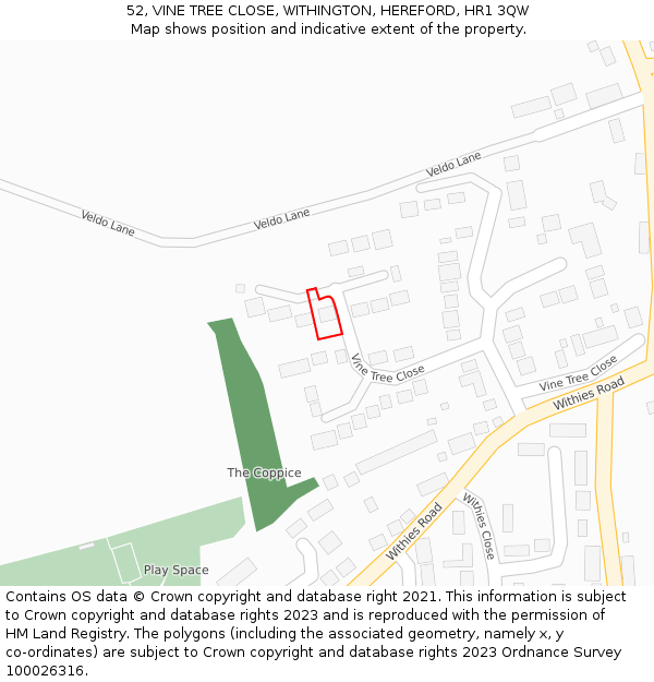 52, VINE TREE CLOSE, WITHINGTON, HEREFORD, HR1 3QW: Location map and indicative extent of plot