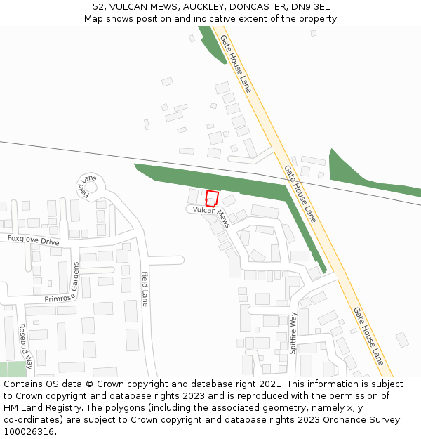 52, VULCAN MEWS, AUCKLEY, DONCASTER, DN9 3EL: Location map and indicative extent of plot