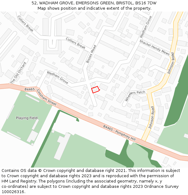 52, WADHAM GROVE, EMERSONS GREEN, BRISTOL, BS16 7DW: Location map and indicative extent of plot