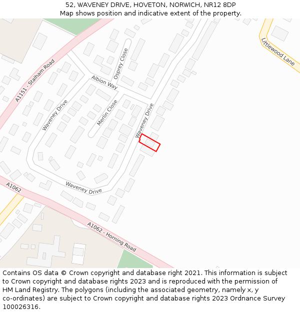52, WAVENEY DRIVE, HOVETON, NORWICH, NR12 8DP: Location map and indicative extent of plot