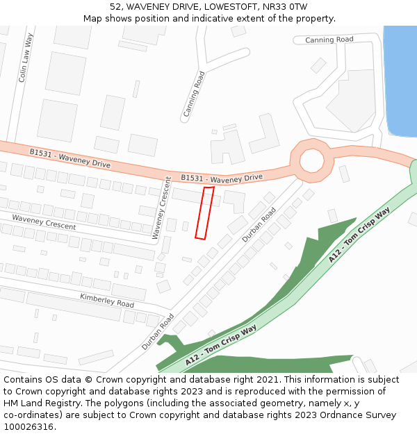 52, WAVENEY DRIVE, LOWESTOFT, NR33 0TW: Location map and indicative extent of plot