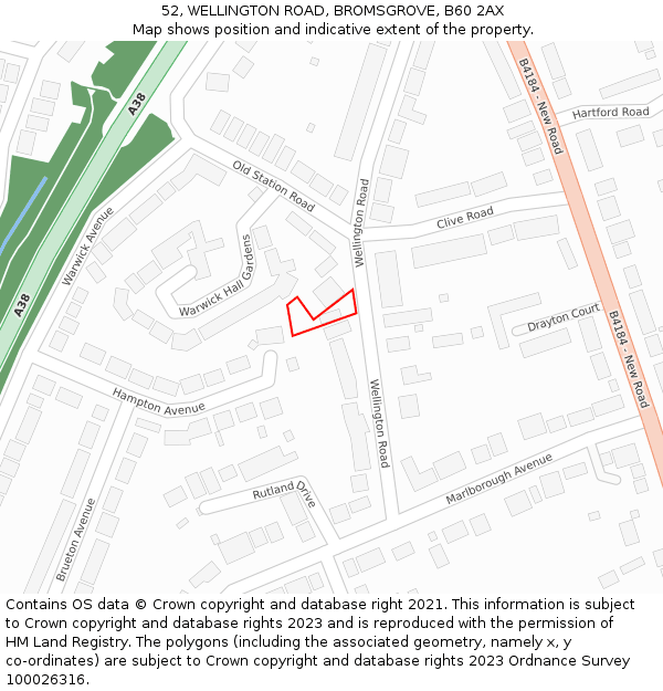 52, WELLINGTON ROAD, BROMSGROVE, B60 2AX: Location map and indicative extent of plot