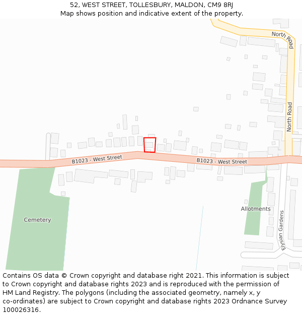 52, WEST STREET, TOLLESBURY, MALDON, CM9 8RJ: Location map and indicative extent of plot