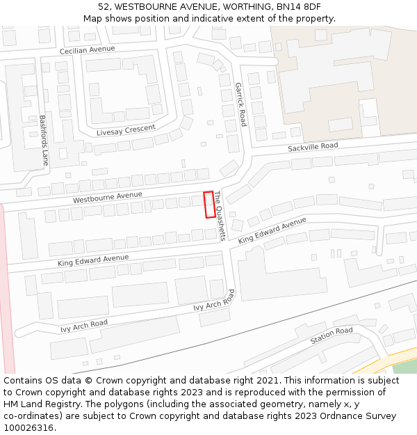52, WESTBOURNE AVENUE, WORTHING, BN14 8DF: Location map and indicative extent of plot