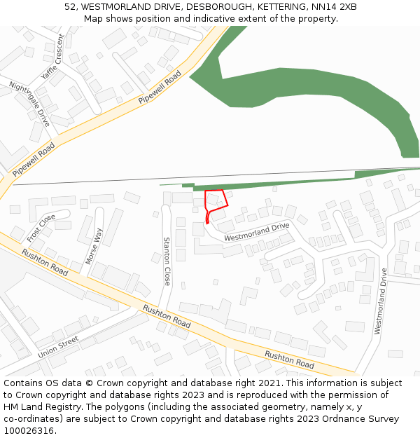 52, WESTMORLAND DRIVE, DESBOROUGH, KETTERING, NN14 2XB: Location map and indicative extent of plot