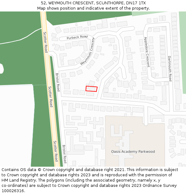 52, WEYMOUTH CRESCENT, SCUNTHORPE, DN17 1TX: Location map and indicative extent of plot