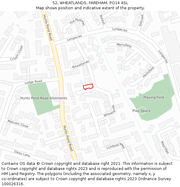 52, WHEATLANDS, FAREHAM, PO14 4SL: Location map and indicative extent of plot