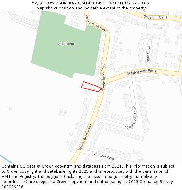 52, WILLOW BANK ROAD, ALDERTON, TEWKESBURY, GL20 8NJ: Location map and indicative extent of plot