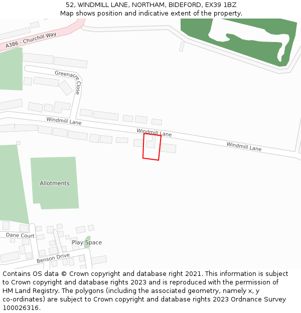 52, WINDMILL LANE, NORTHAM, BIDEFORD, EX39 1BZ: Location map and indicative extent of plot