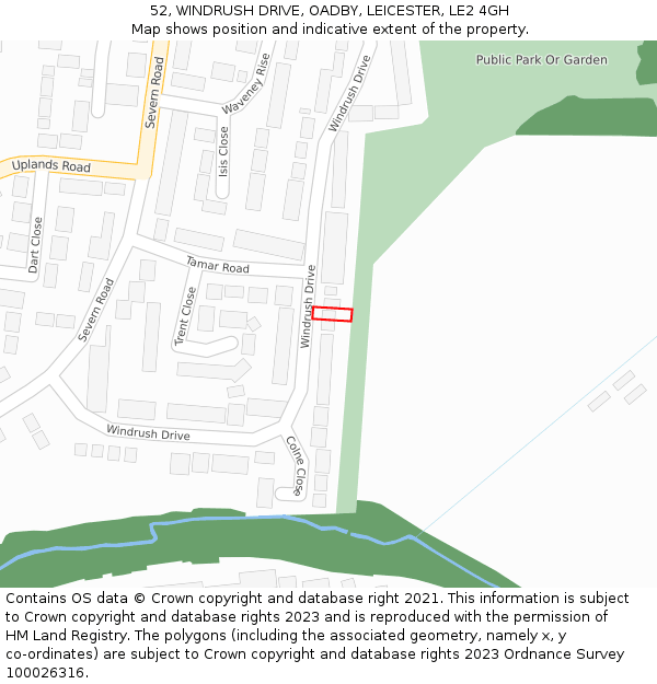 52, WINDRUSH DRIVE, OADBY, LEICESTER, LE2 4GH: Location map and indicative extent of plot