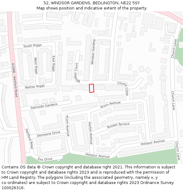 52, WINDSOR GARDENS, BEDLINGTON, NE22 5SY: Location map and indicative extent of plot