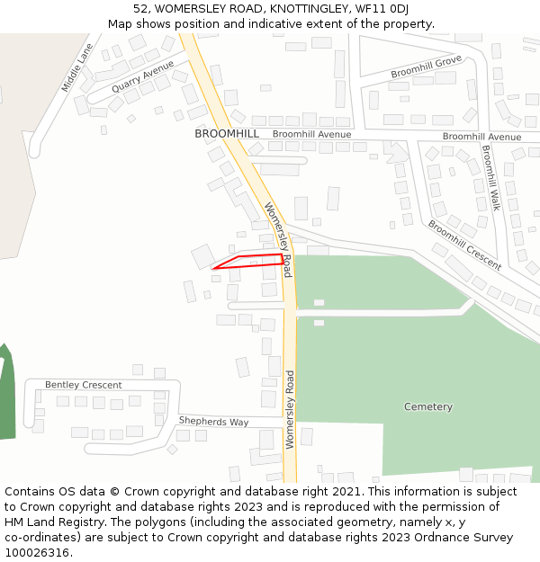 52, WOMERSLEY ROAD, KNOTTINGLEY, WF11 0DJ: Location map and indicative extent of plot