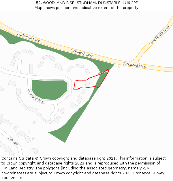 52, WOODLAND RISE, STUDHAM, DUNSTABLE, LU6 2PF: Location map and indicative extent of plot