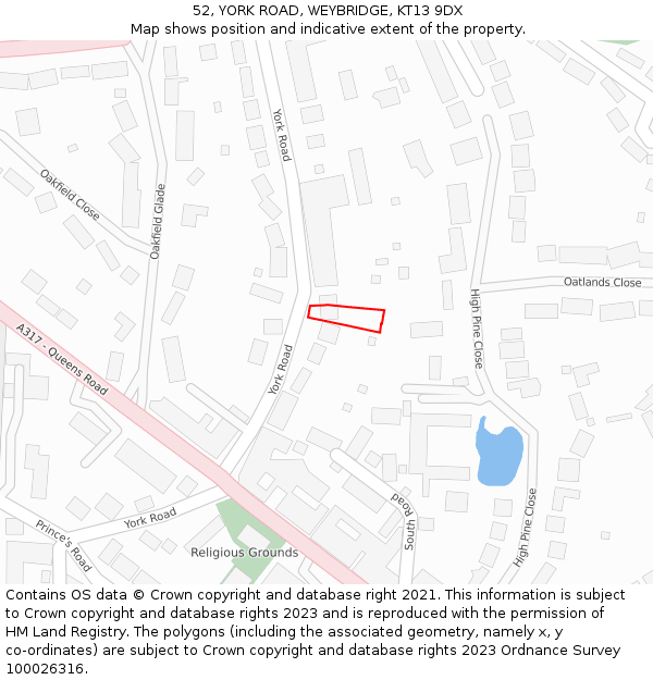 52, YORK ROAD, WEYBRIDGE, KT13 9DX: Location map and indicative extent of plot