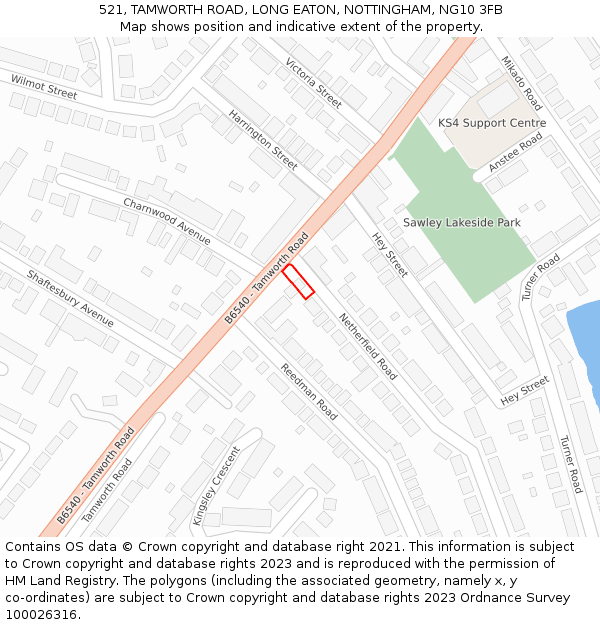 521, TAMWORTH ROAD, LONG EATON, NOTTINGHAM, NG10 3FB: Location map and indicative extent of plot