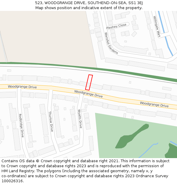 523, WOODGRANGE DRIVE, SOUTHEND-ON-SEA, SS1 3EJ: Location map and indicative extent of plot