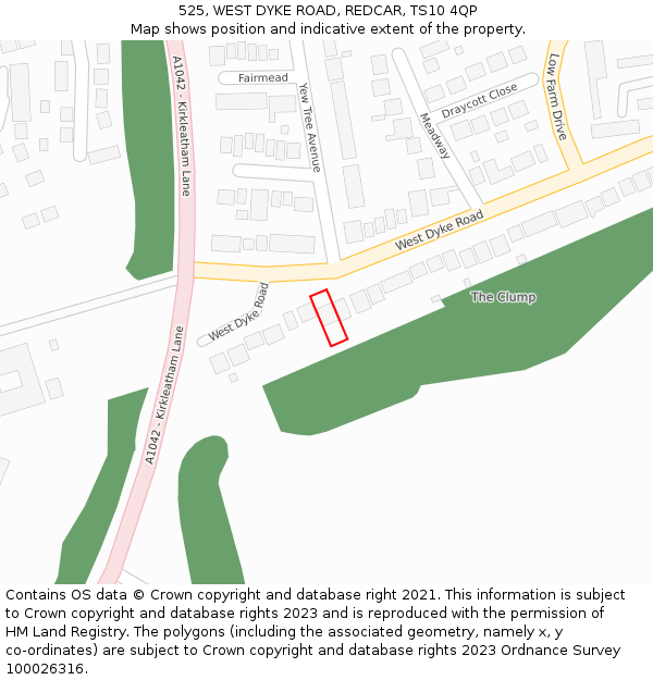 525, WEST DYKE ROAD, REDCAR, TS10 4QP: Location map and indicative extent of plot