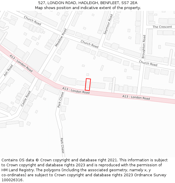 527, LONDON ROAD, HADLEIGH, BENFLEET, SS7 2EA: Location map and indicative extent of plot