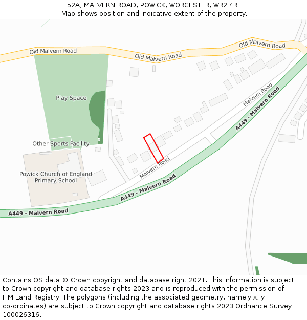 52A, MALVERN ROAD, POWICK, WORCESTER, WR2 4RT: Location map and indicative extent of plot