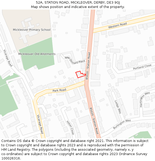 52A, STATION ROAD, MICKLEOVER, DERBY, DE3 9GJ: Location map and indicative extent of plot