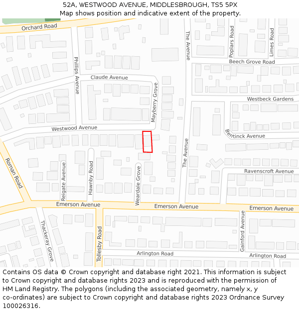 52A, WESTWOOD AVENUE, MIDDLESBROUGH, TS5 5PX: Location map and indicative extent of plot