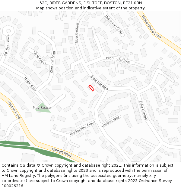 52C, RIDER GARDENS, FISHTOFT, BOSTON, PE21 0BN: Location map and indicative extent of plot