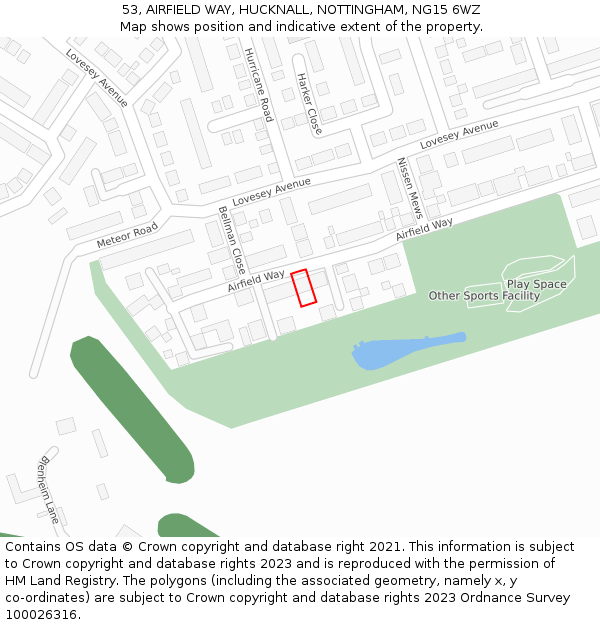53, AIRFIELD WAY, HUCKNALL, NOTTINGHAM, NG15 6WZ: Location map and indicative extent of plot