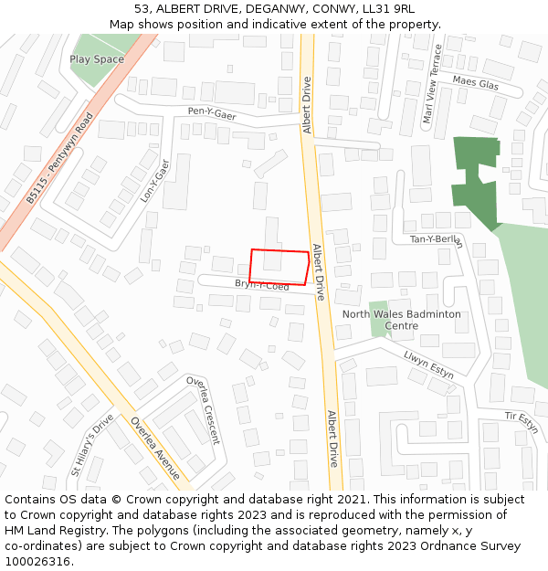 53, ALBERT DRIVE, DEGANWY, CONWY, LL31 9RL: Location map and indicative extent of plot