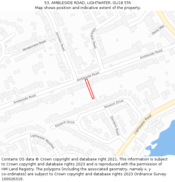 53, AMBLESIDE ROAD, LIGHTWATER, GU18 5TA: Location map and indicative extent of plot